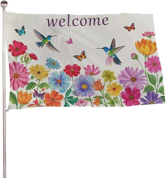 Flag -"Hummingbird Spring Flowers Welcome" 3x5 Ft Durable Outdoor Decor Banner Patio Welcome Flags Yard Flags