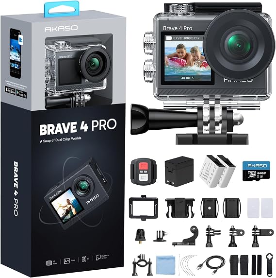AKASO Brave 4 Pro Action Camera with 64GB microSDXC Memory Card | 131ft Waterproof Camera with Dual Screen Advanced EIS Remote Control 5X Zoom Underwater Camera