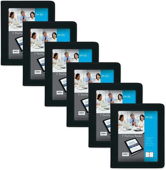 Blue Sky ProView Legacy Black 3 Ring Binder, Letter Size, 1", Textured Faux Leather Cover, Built-in Pockets, Holds 175 Sheets, 6-Pack (10504-C)