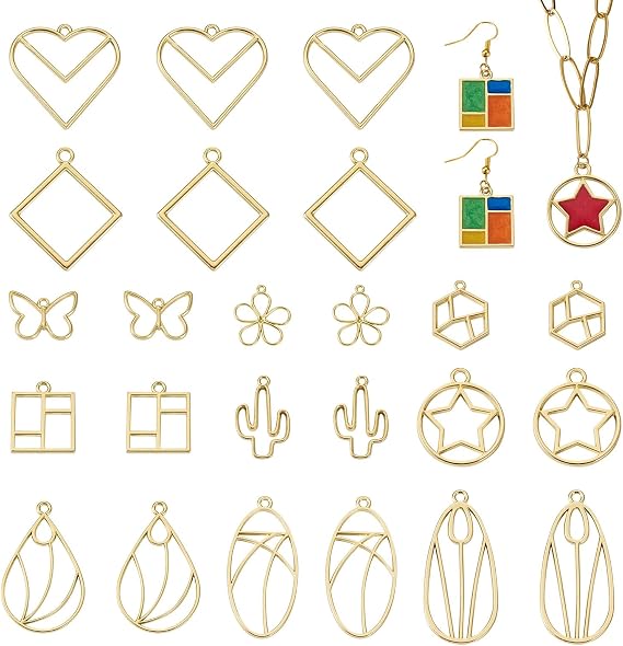 32Pcs 8 Styles Alloy Open Back Bezel Big Pendants Light Gold Rectangle Triangle Charms for Bracelets Necklace Jewellery Making