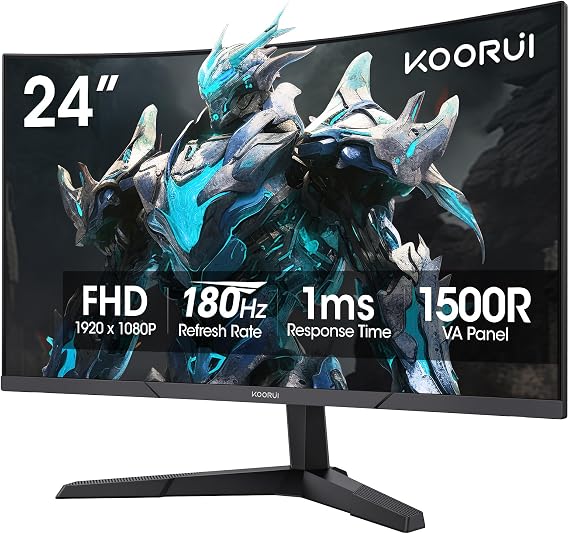 KOORUI 24 inch Curved Gaming Monitor 180Hz FHD 1080P, 1ms 1500R Display