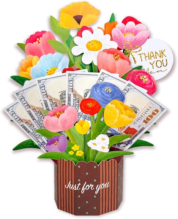 Pop Up Flower Pot Money Card, 3D Bouquet Greeting Cash Holder Card, Handmade Thank You Card for Birthday Mothers Day All Occasion Presents