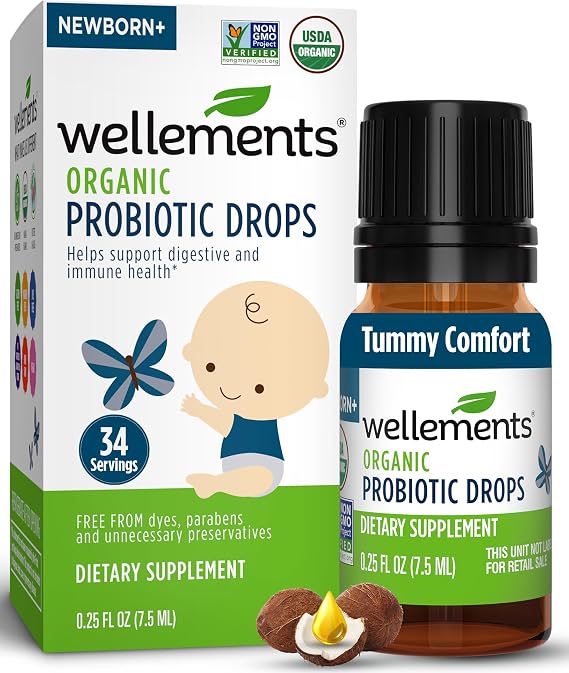 Wellements Organic Baby Probiotic Drops Gut Health Gas & Colic 0.25 Fl Oz | Digestive & Immune Support for Infants - Toddler Probiotic Helps with Newborn+ Gut Health, Gas, Constipation & Colic Support