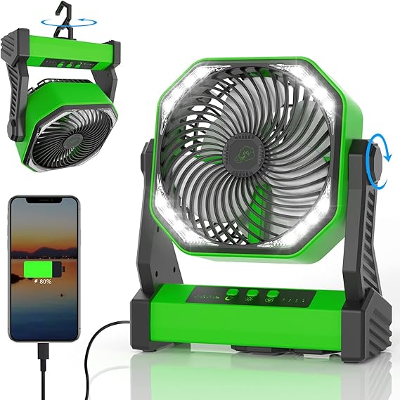 Gewanolla Portable Rechargeable Fan with LED Light, 20000mAh Battery Powered Camp Fan with Hook, 270 Pivot, 4 Speeds, USB Table Fan for Camping, Fishing, Power Outage, Barbecue, Jobsite