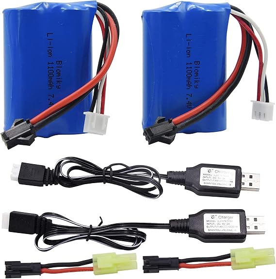 Blomiky 2 Pack 7.4V 1100mAh Li-ion Rechargeable Battery with SM-2P Plug and 2 Charger Cable fit for H101 H103 RC Boat RC Car Vehicles Toy/Force Battery 2