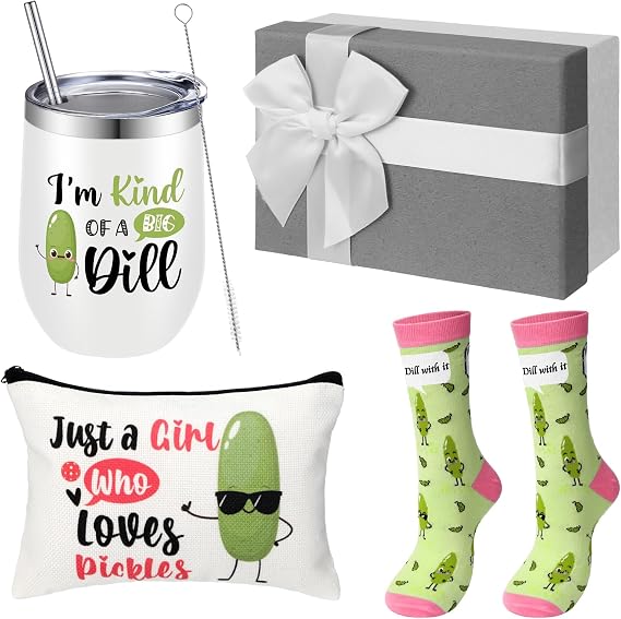 Soaoo Funny Pickle Gifts Set for Women Just a Girl Who Loves Pickle Gifts for Lover Makeup Bag 12 oz Stainless Steel Tumbler Sock Present Box for Back to School Christmas Birthday(Pink and White)
