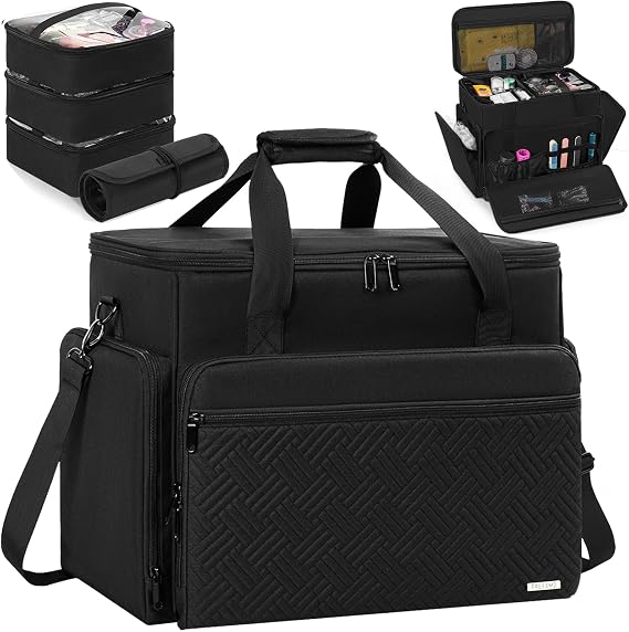 Extra Large Rolling Makeup Bag with 4 Removable Pouches, Professional Make up Train Bag with Wheels, Travel Cosmetic Bag for Hairstylists Makeup Artist with Detachable Trolley, Black, L, Only