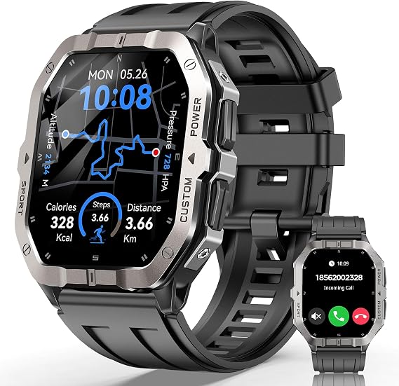 RUXINGX Smart Watches for Men, 2.02'' Military Smart Watch Built-in GPS with Sleep Monitor/Heart Rate/100+ Sport Modes, Waterproof Smartwatch Fitness Tracker for Android and iPhone Black