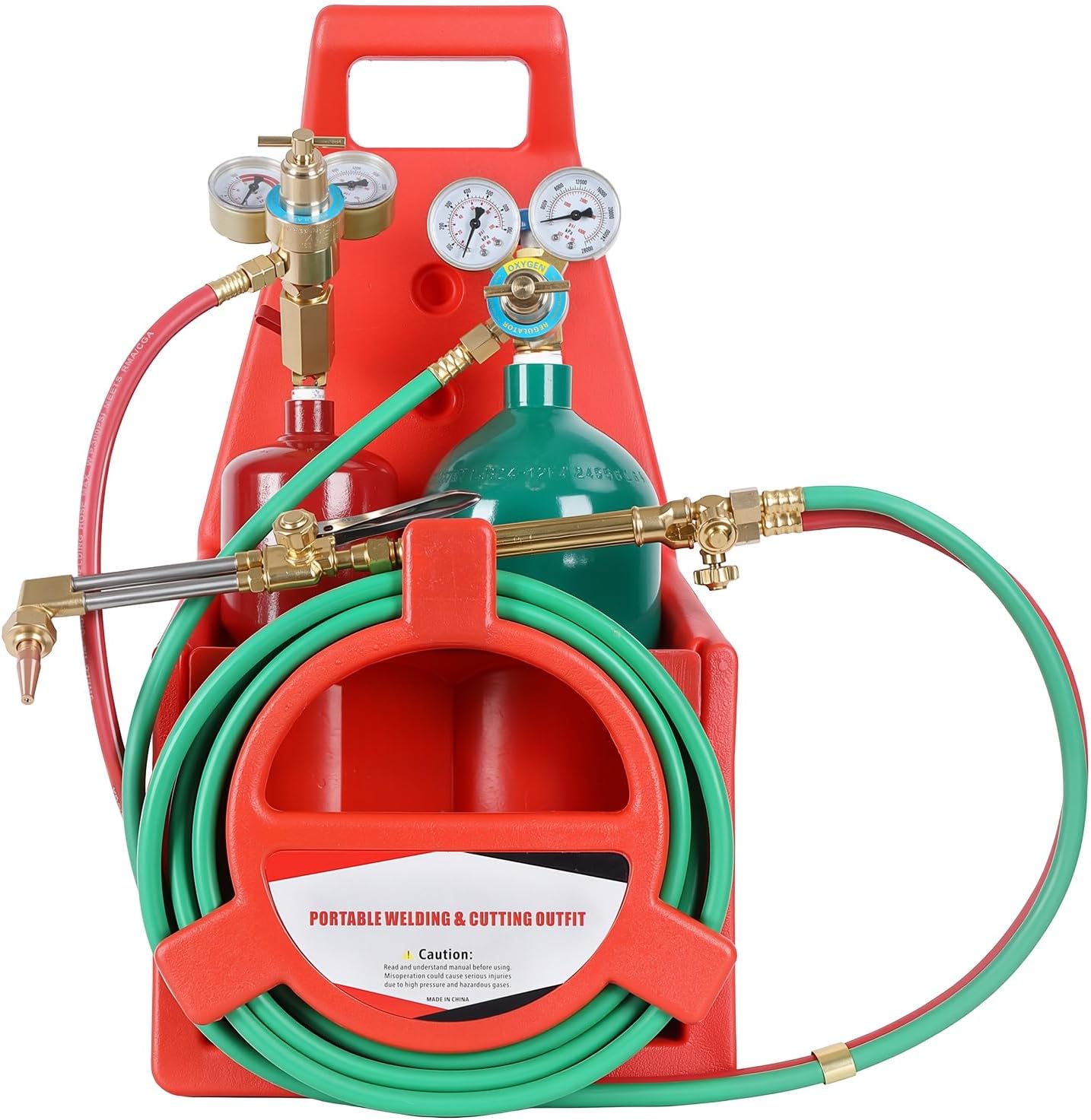 Portable Oxygen Acetylene Torch Kit with 4L & 2L Gas Tanks, Oxyacetylene Welding Cutting Set with Twin Hose, Regulators, Brass Tips for DIY Metalwork, Brazing, Auto Repair – Cylinder Holder Include