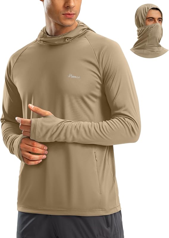 Pudolla Men's Sun Protection Hoodie UPF 50+ Fishing Hiking Shirt with Mask | UPF 50+, UV Hiking Shirt, Long Sleeve, Lightweight, Quick Dry, Two Zipper Pockets
