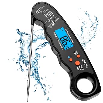 Meat Thermometer Digital, Instant Read Food Thermometer, Waterproof Food Thermometer with Backlight for Grilling and Cooking, BBQ, Deep Fry, Turkey, Candy, QPEUIM-Black