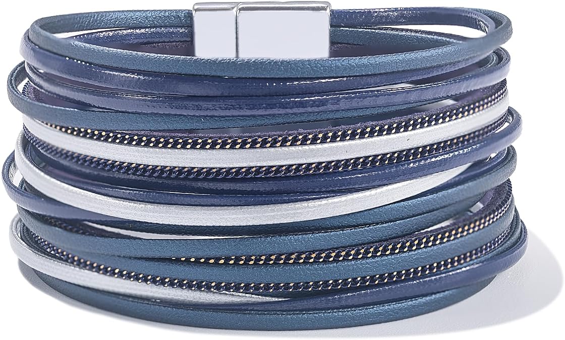 FANCY SHINY Boho Leather Wrap Bracelet Stackable Layered Bangle Cuff with Magnetic Clasp