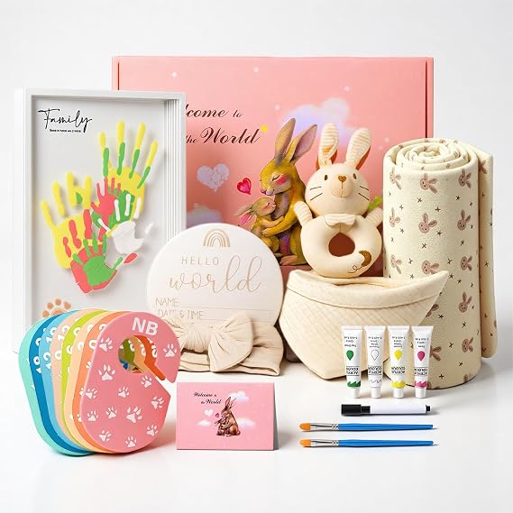 Baby Gift Set Gender Reveal Gifts Designed for New Parents, Includes Swaddle Blanket, Bunny Rattle, Bib, Headband, Wooden Birth Sign, Family Handprint Kit, Greeting Card & Closet Dividers
