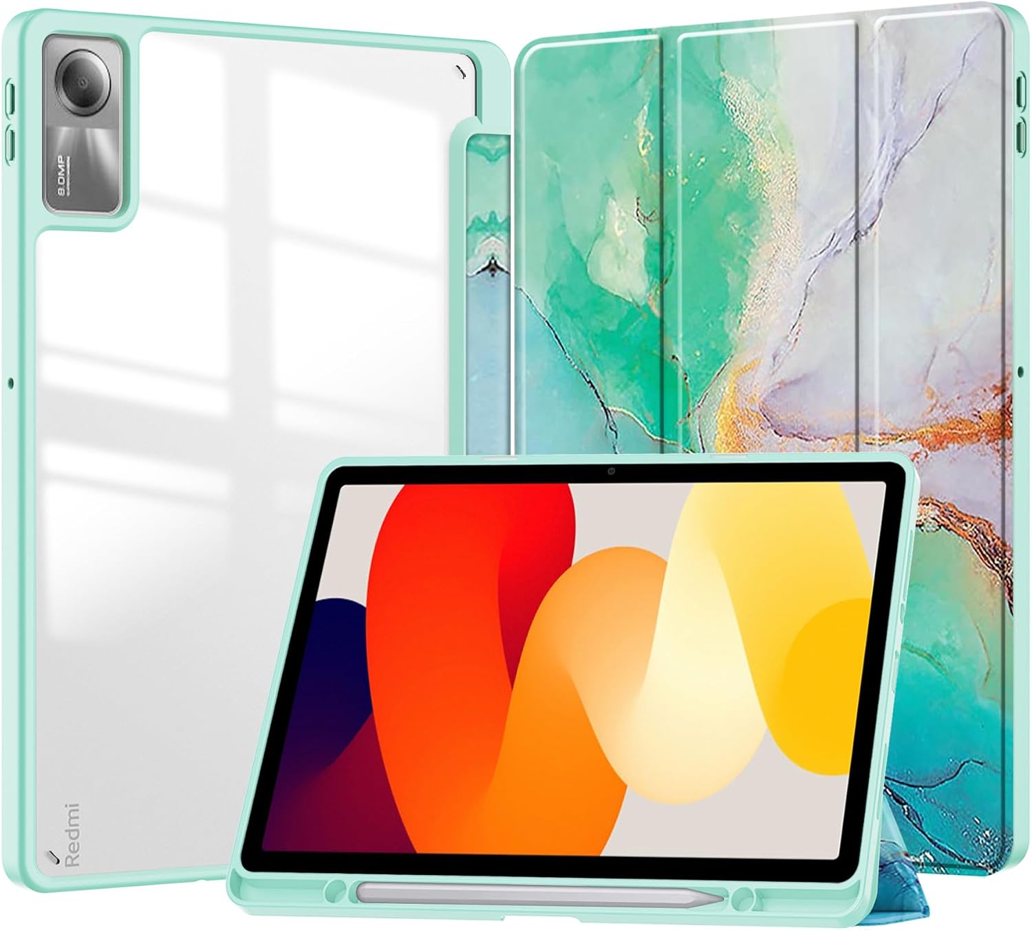 Compatible Galaxy Tab A9 8.7 inch Case Transparent Back Clear Illustration Print for Galaxy Tab A9 Cover Clear Case Trifold Stand Auto Sleep Function Shockproof Lightweight Stylish Green