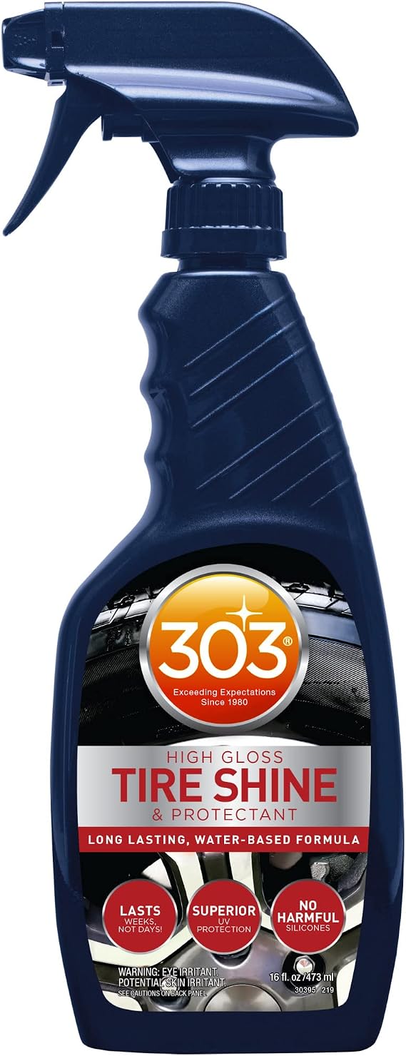 303 Products High Gloss Tire Shine And Protectant - Long Lasting, Water Based Formula - Lasts For Weeks - No Harmful Silicones - Lasts Weeks Not Days, 16 fl. oz. (30395CSR) Packaging May Vary | Water-based tire shine delivers long-lasting gloss without harmful silicones.