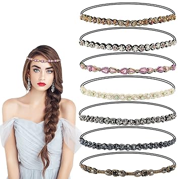 7 Pcs Rhinestone Beaded Headbands, Fashionable Crystal Beaded Elastic hairbands for Women Girls Hair Jewelry Accessories