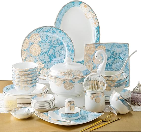 Bone China Dining Dishes Set 60 Pcs Dinnerware Set Home New Chinese Dinner Plate Light Luxury Modern Tableware Set Hand Glazing and Tough Texture