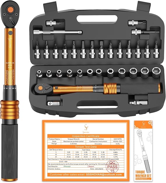 Torque Wrench Bicycle 1/4 Inch 3-25 Nm ±3% Error Accuracy 72 Teeth Ratchet 33-Piece Torque Wrench Set for Motorcycle and Bike Includes Extension Rods 1/4 - 3/8 Inch Adapter Sockets
