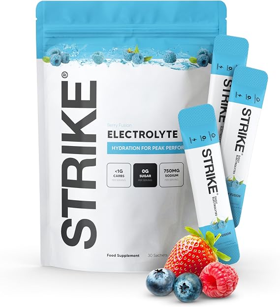 Strike Electrolytes | Zero Sugar Hydration Sachets with Sodium, Magnesium, Vitamin C & Trace Minerals | Vegan, Keto, Gluten-Free | Daily Electrolytes Powder (30 Sachets, Berry Fusion)