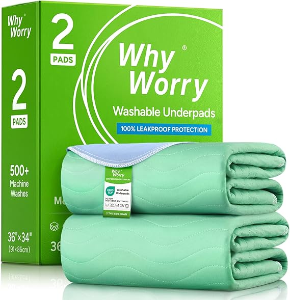 2 x WhyWorry Washable Incontinence Bed Sheets, 86x91 cm, Single Bed, Green