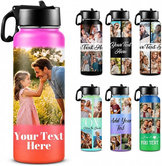 Custom Water Bottle, Personalized Water Bottles Photo Picture Name 18oz Customized Water Bottle Stainless Steel Insulated Sport Water Bottle with Straw, Gifts for Kids, Family, Couples, Birthday-1