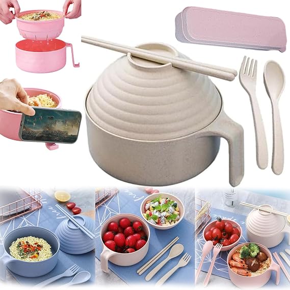 Microwave Ramen Bowl With Lid, Strainer, and Handle - Apartment Essentials Dishwasher-Safe Set