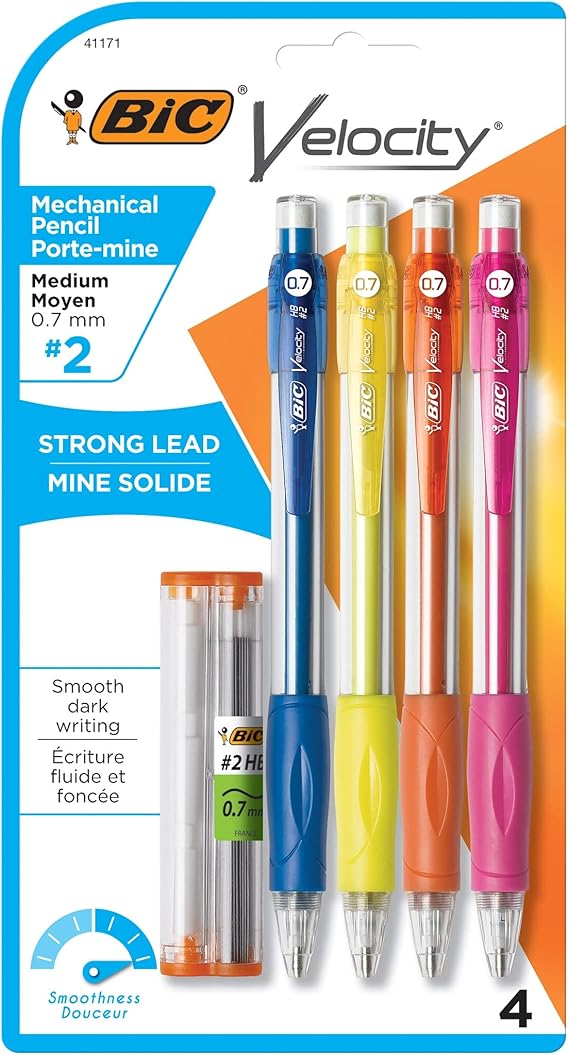 BIC Velocity Mechanical Pencils, With Colorful Barrel, Medium Point 0.7 mm, School Supplies for Students and Teachers, 4-Count Pack