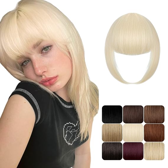 Bangs Hair Clip in Bangs Faux Bangs Clip on Bangs Blonde Bangs Clip in Hair Extensions French Bangs Fringe with Temples Hairpieces for Women Fake Bangs for Daily Wear (Bleach Blonde