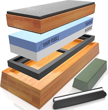 Sharp Pebble Knife Sharpening Stones Kit with 1000/6000 and Classic Leather Strop with Angle Guide & Green Compound