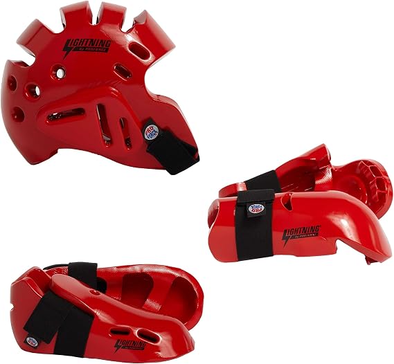 Proforce Lightning Martial Arts Protective Sparring Gear Bundle - Headgear, Gloves, Ultra Kicks (Red, Large)