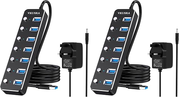 USB Power Hub, VKUSRA Aluminum 7 USB Hub 3.0 SuperSpeed USB Data Hub with 5V3A Power Adapter and Individual On/Off Switch for PC Laptop, Desktop, NoteBook, MacBook and More (Pack of 2)