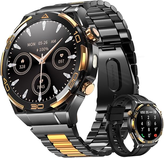 Smart Watches for Men with GPS, 1.43AMOLED Screen Luxury Men's Watch with LED Flashlight & Compass,ChatGPT/7-Day Battery/IP68 Waterproof/Heart Monitor, 120+ Workout Modes for Android iPhone(2 Bands)