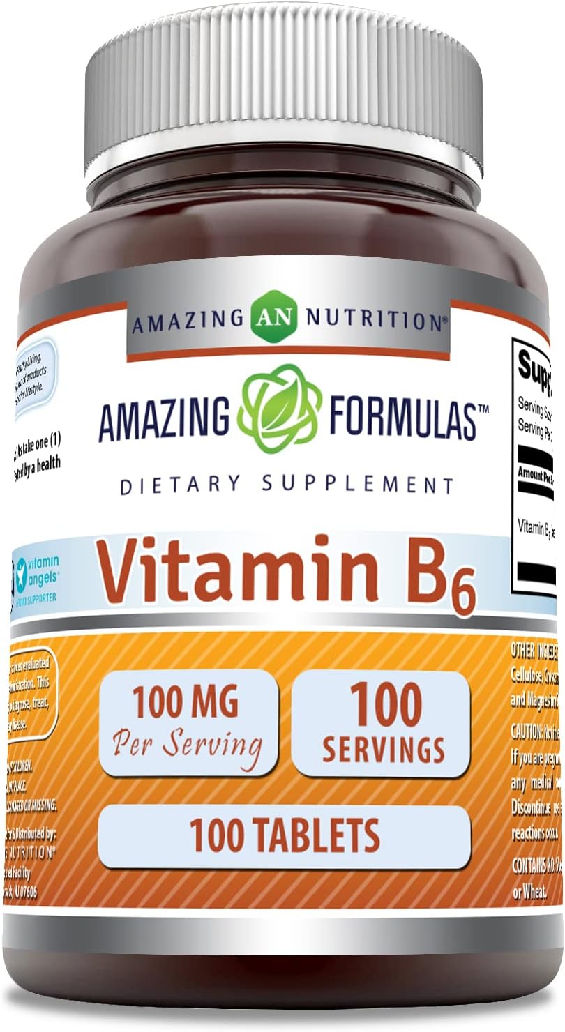 Amazing Formulas Vitamin B6 Pyridoxine HCI Supplement | 100 Mg | Tablets | Non-GMO | Gluten-Free | Made in USA 1 Pack | 100 Count