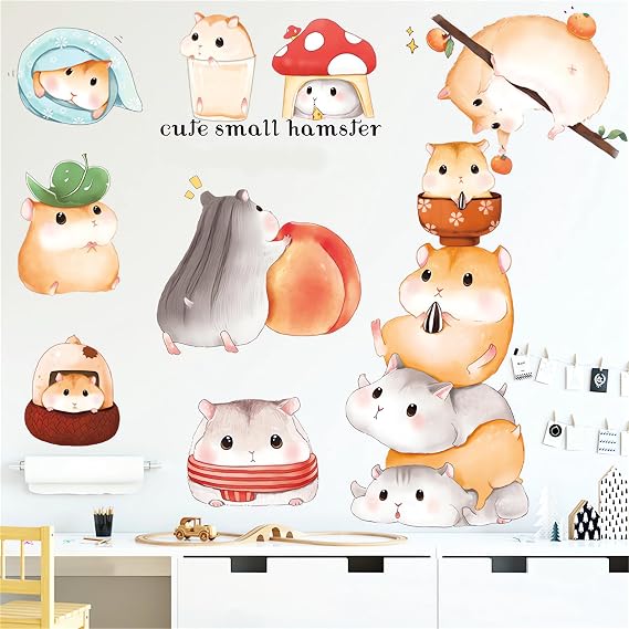 Bunch of Cute Hamsters Wall Stickers Cartoon Animal Wall Decals | Removable Vinyl Peel and Stick DIY for Kid Baby Living Room Bedroom Kitchen Sofa TV Background Art Home Decor