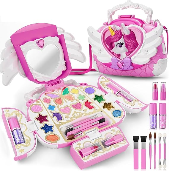 Unicorn Kids Makeup Kit with Mirror & Strap, Real Washable Cosmetic Set, All-in-1 Cute Unicorn Make Up Purse, Princess Toy Birthday Gifts for 3 4 5 6 7 8 9 10 11 12 Year Old Girls Age 3-4 4-6 6-8 8-10