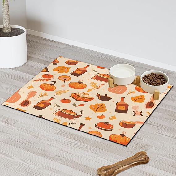 Autumn Kitchen Items Absorbent Dog Food Mat with Non-Slip Backing, 12 x 20 inch Feeding Mat for Puppy Cat Bowls, Spill-Proof Pet Diner Placemat for Kitchen Floors