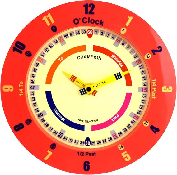 Champion Time Teacher Learn to tell the Time Nursery Kids Bedroom Quartz Wall Clock (red)