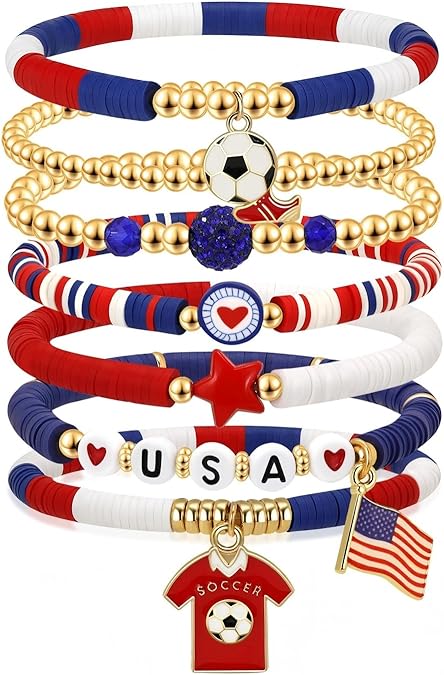 Soccer Bracelets for Women, Game Day Beaded Stretch Bracelet Set, Team Color Sports Accessories, Stackable Charm Bracelets, Gifts for Soccer Moms Fans Coaches