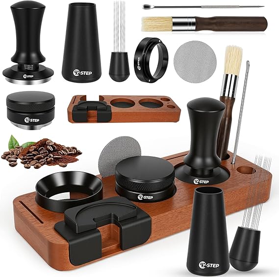 Y-Step 8 PCS Espresso Machine Accessories Kit: 51mm Espresso Tamper Tools, with Wood Coffee Espresso Tamping Station, WDT Tool, Distributor, Stirrer, Dosing Funnel, Brush, Puck Screen, Latte Art Pen