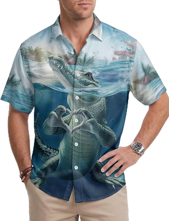 Men's Casual Coastal Button Up Shirt - Modern Tropical Print Summer Tee - Slim Fit Breathable Stretch Shirt for Beach
