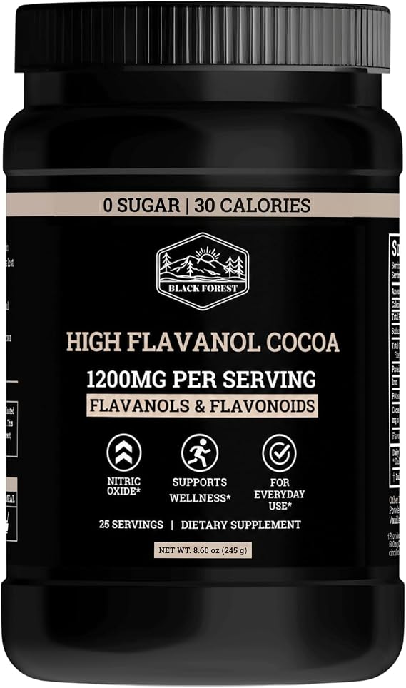 Black Forest High Flavanol Cocoa Powder - 1200mg Flavanols & Flavonoids with 600mg Epicatechin - 10X Concentrated Dark Cocoa Extract for Nitric Oxide and Wellness Support - Non-GMO Vegan