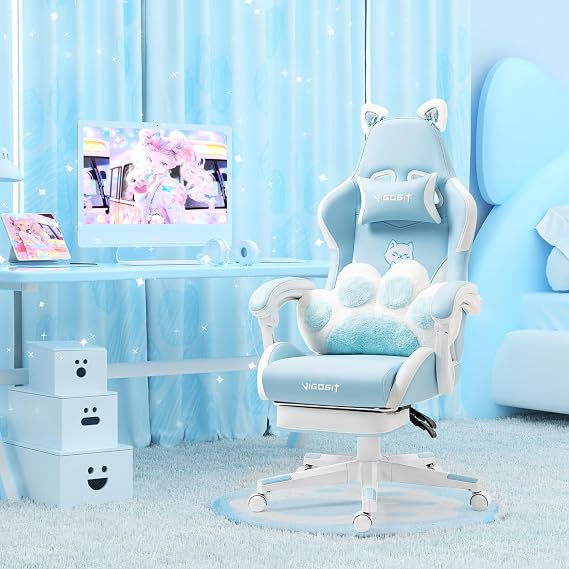 Cute Gaming Chair with Cat Paw Lumbar Cushion and Cat Ears, Kawaii Pink Computer Chair with Footrest, Ergonomic PC Video Anime Gaming Chairs Recliner for Kids, Girls, Teens (Blue)
