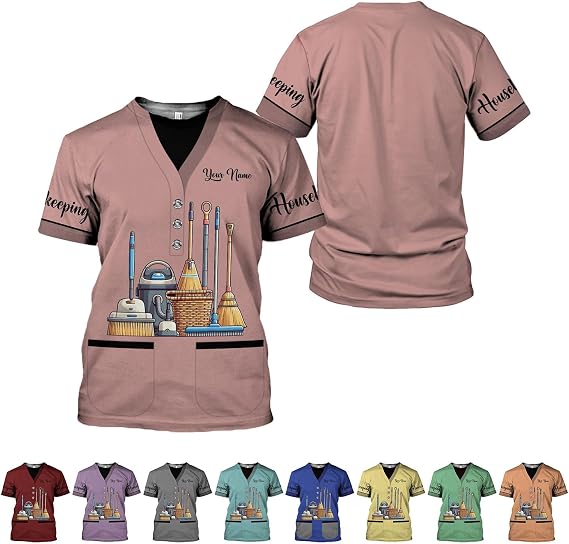 Personalized Housekeeping Shirts, Custom Cleaning Uniforms for Women 3D Cleaning Service Gifts Housekeeper Shirt Clean Lady