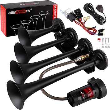 Train Horn for truck Kit-4 Trumpet Metal Air Horns replacement Drill horn 12V 150dB Ultra Loud with Compressor for pickup/motorhome/SUV/truck/train black 4 Trumpet with button