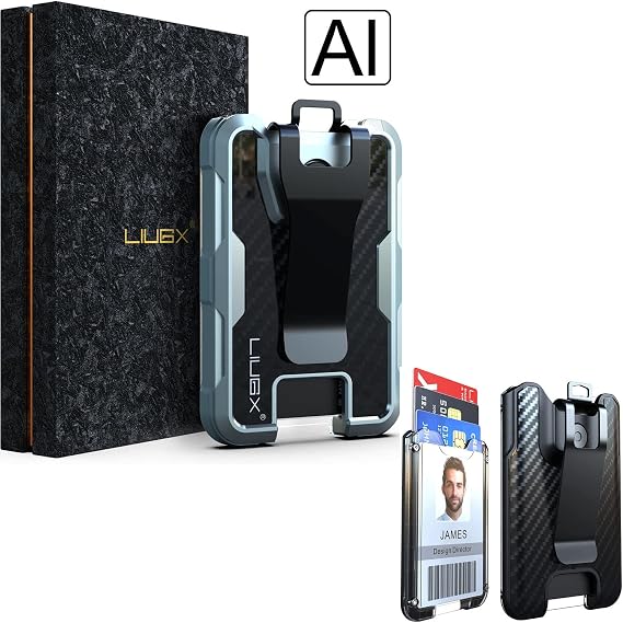LIUGX Aluminum Badge Holder/Card Holder Wallet with Box, with Carbon Fiber & Metal Clip, Durable ID Card Holder (Holds 4 Cards) for EDC Birthday Christmas - for Men, Dad, Boyfriend, Him