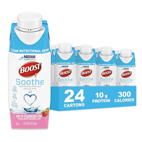BOOST Soothe Clear Nutritional Drink Cooling sensation - 300 Calories - 10 g Protein from Whey Protein Isolate - Hint of Strawberry Kiwi Flavor - 8 fl oz (Pack of 24)