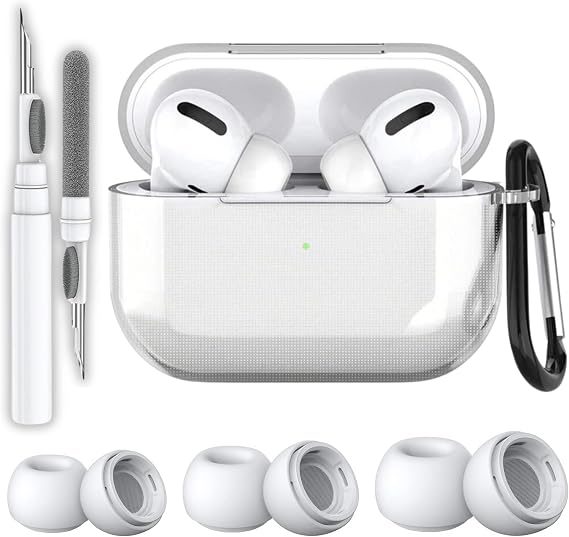 AirPods Pro 2.Nesil Uyumlu Şeffaf Premium Kulaklık Kılıfı, Anc Delikli Yedek Silikon Uçları (S,M,L) ve 3'ü 1 Arada Bluetooth Kulaklık Temizleme Kalemi Seti (Şeffaf)