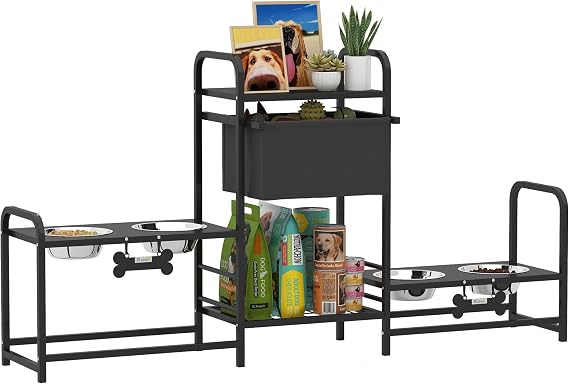 PawHut Dog Bowl Stand, 2 Feeding Stations, 3 Adjustable Heights, Black