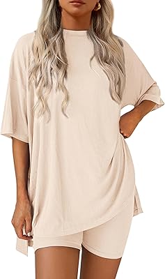 PRETTYGARDEN Women 2 Piece Lounge Set 2026 Summer Casual Oversized Shirts Biker Shorts Matching Airport Travel Outfit Clothes