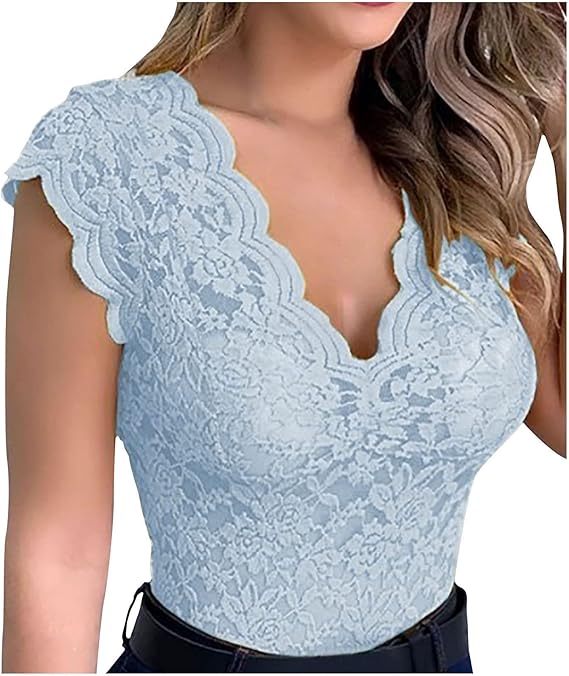 Women Lace Tank Top Sexy See Through Lingerie Vest Cap Sleeve Scallop Trim V Neck Blouse Casual Slim Hollow Out Shirt